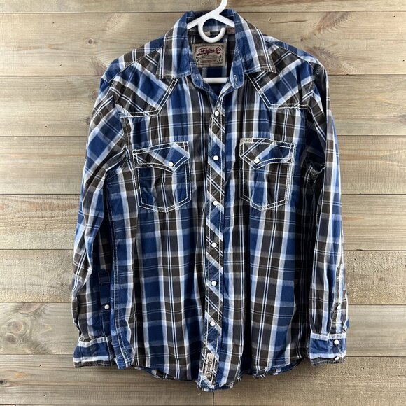 Rafter C Mens Shirt Long Sleeve Pearl Snap Plaid Western Cowboy Rodeo Medium - Picture 1 of 10